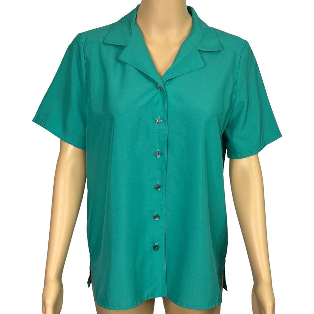 Alli Petites Of California Womens S PS Green Button Up Short Sleeve Blouse Shirt